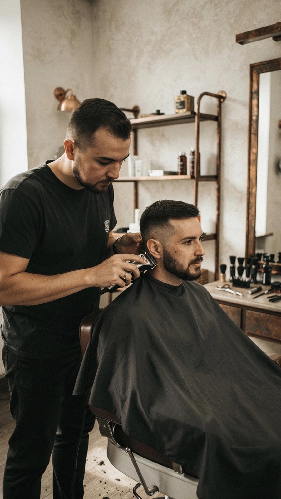 Barber detailing a client's beard with clippers in a Kyiv grooming studio